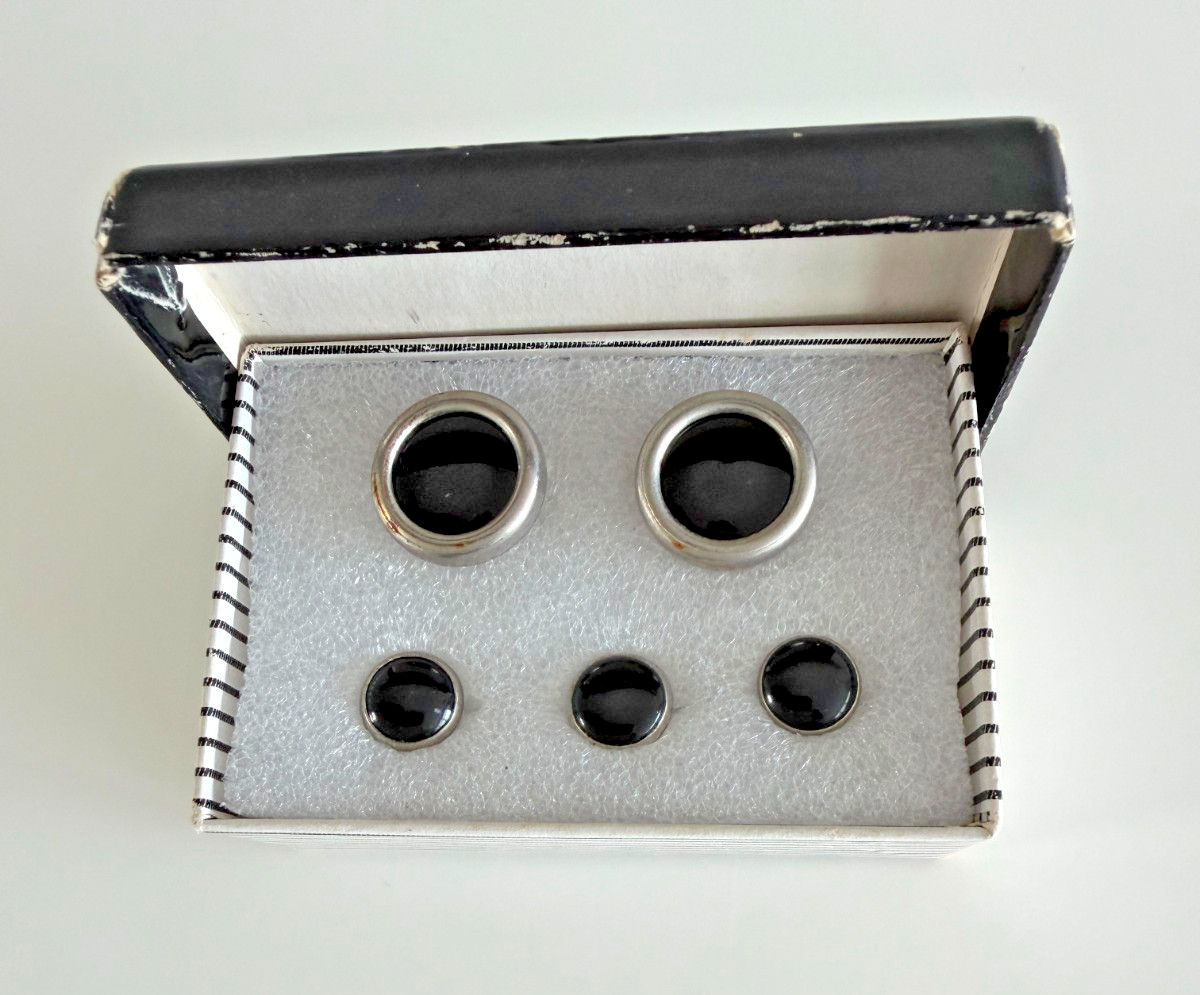 Vintage Mens Tuxedo Cufflink and Stud Set Silver Tone & Black 5 Piece