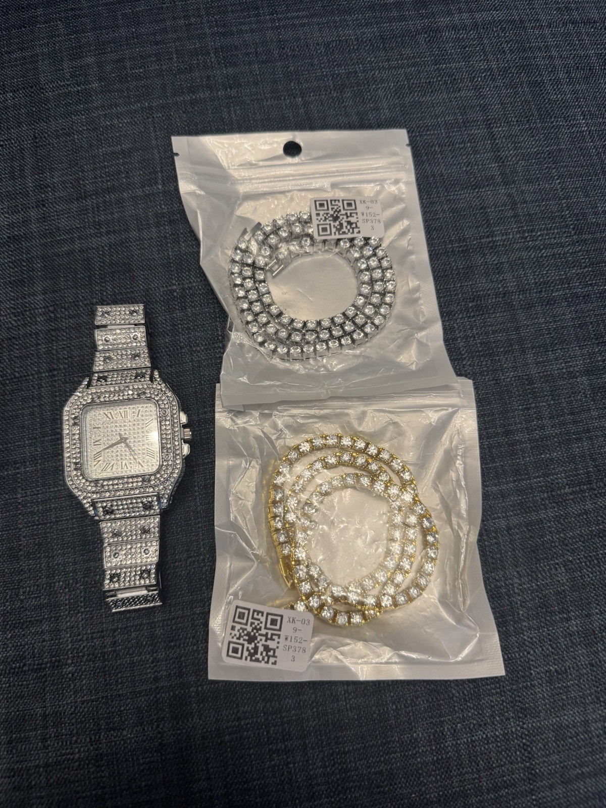 Iced Out Watch and Tennis Chain Set Silver Gold Bling Hip Hop Jewelry Men Bundle