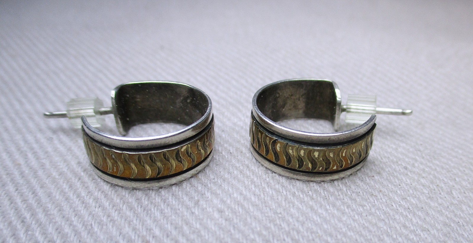 Vintage Brutalist Tooled Sterling & 12K Gold Plate Huggie Loop Earrings
