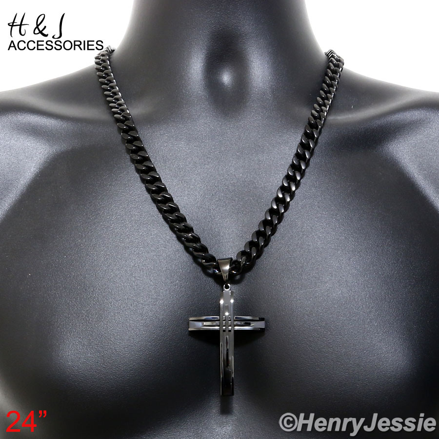 24″Stainless Steel 9mm Black Plated Cuban Curb Necklace Plain Cross Pendant*A11