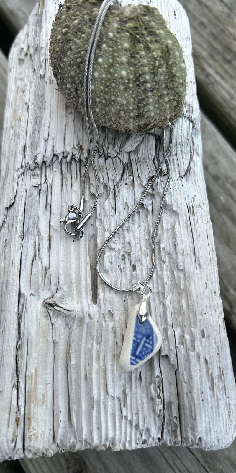 Genuine Pottery Sea Glass Necklace Stainless Steel Snake Chain 18 Inch