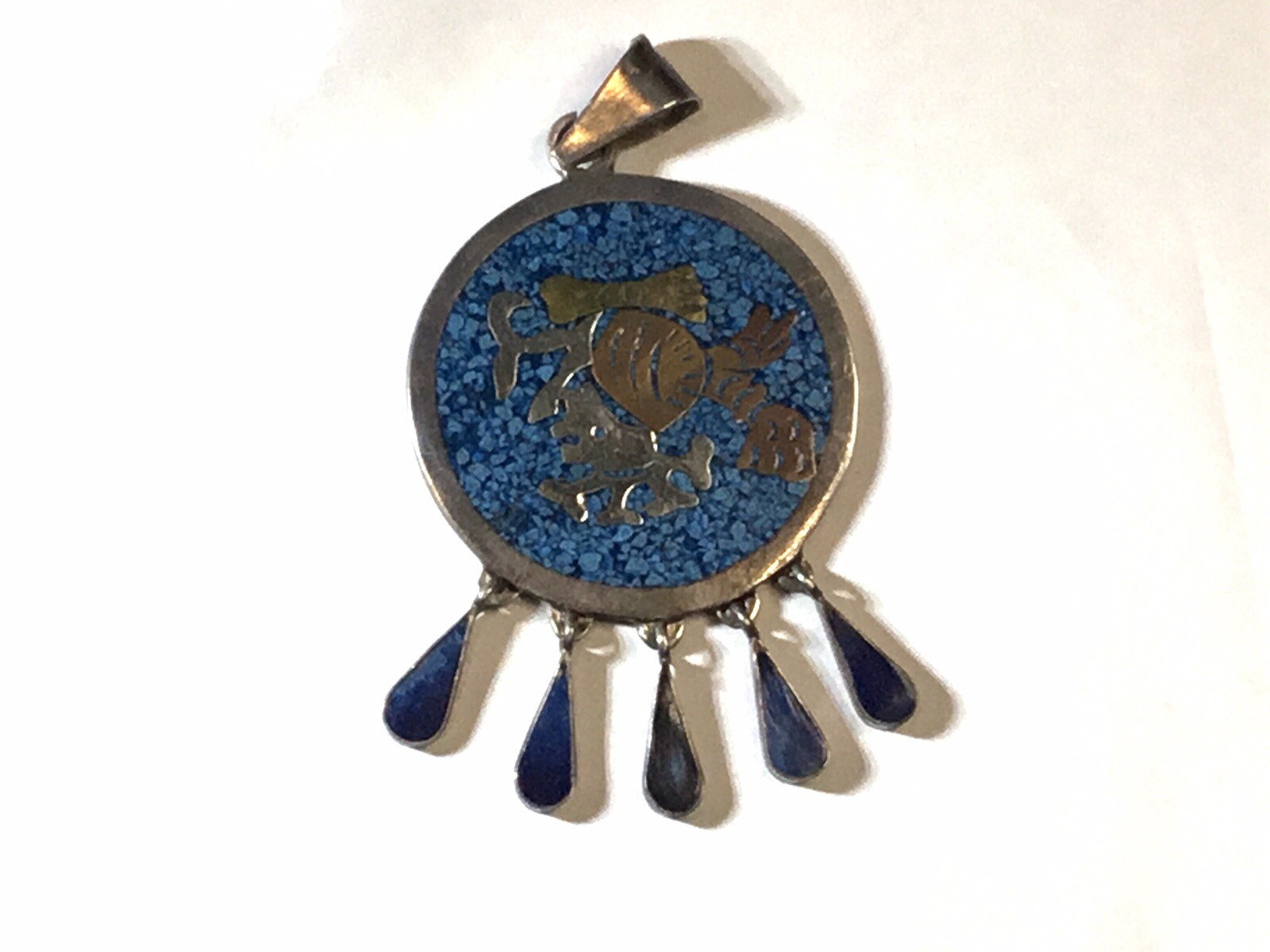 Vintage Sterling Silver Inlay Turquoise & Onyx Aztec Pendant Mexico Culture 85mm