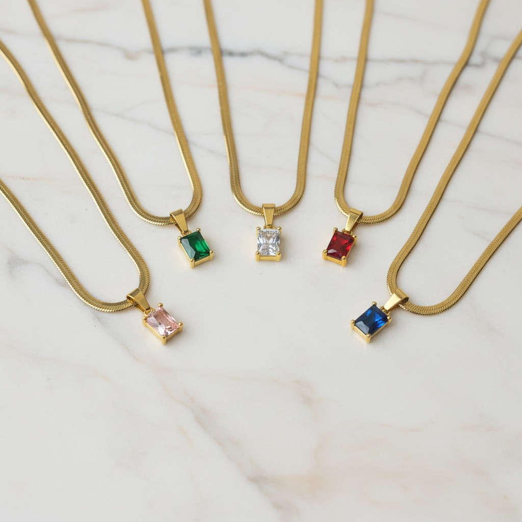 Diamond CZ Snake Chain – Emerald Cut Necklace | Dainty Herringbone | 18k Gold