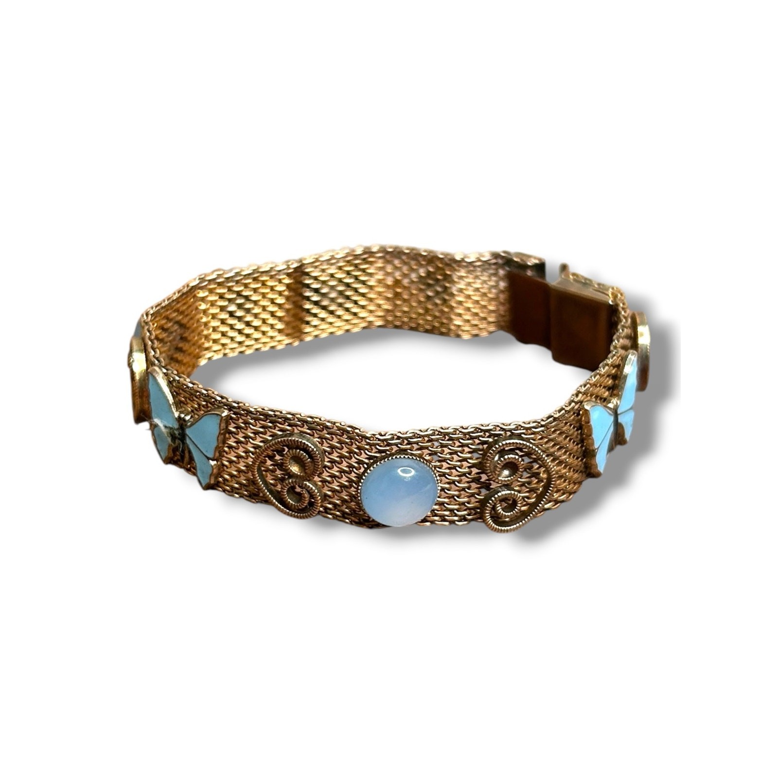 Vtg Mid Century Gold Tone Mesh Bracelet Blue Butterfly Charm Victorian Revival