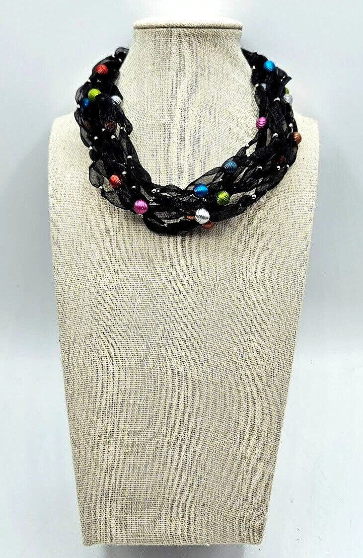 Black Laced Necklace 9 Strands SilverToned Dainty Beaded Cluster Multicolor 16″