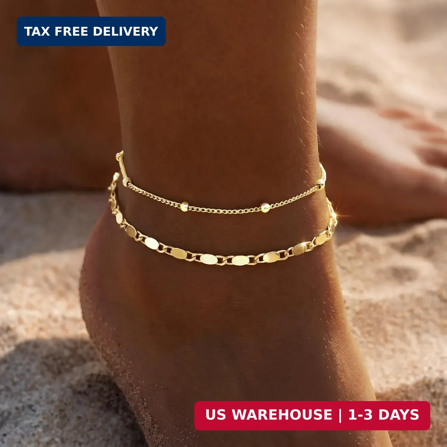 Ankle Bracelets for Women Waterproof, 14k Gold Plated Jewelry Set Layered Cuban