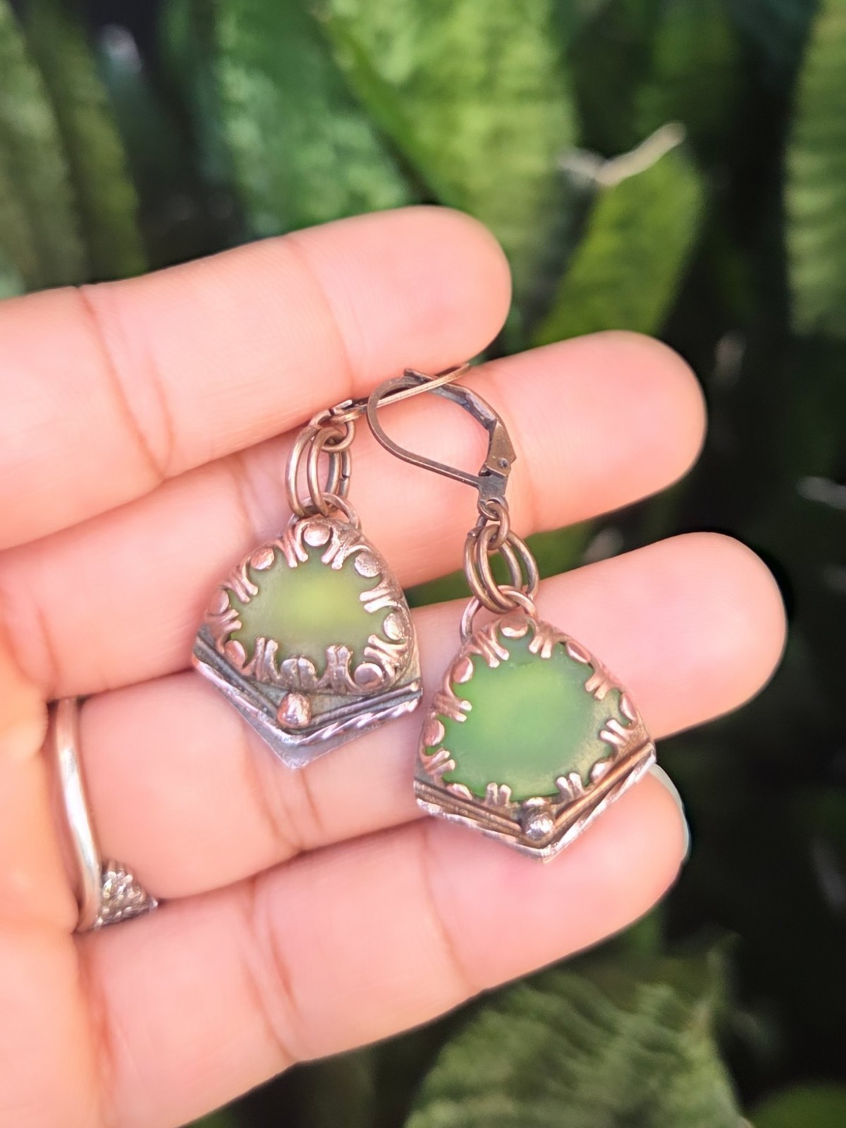 Handmade Green Seaglass Dangle Drop Earrings