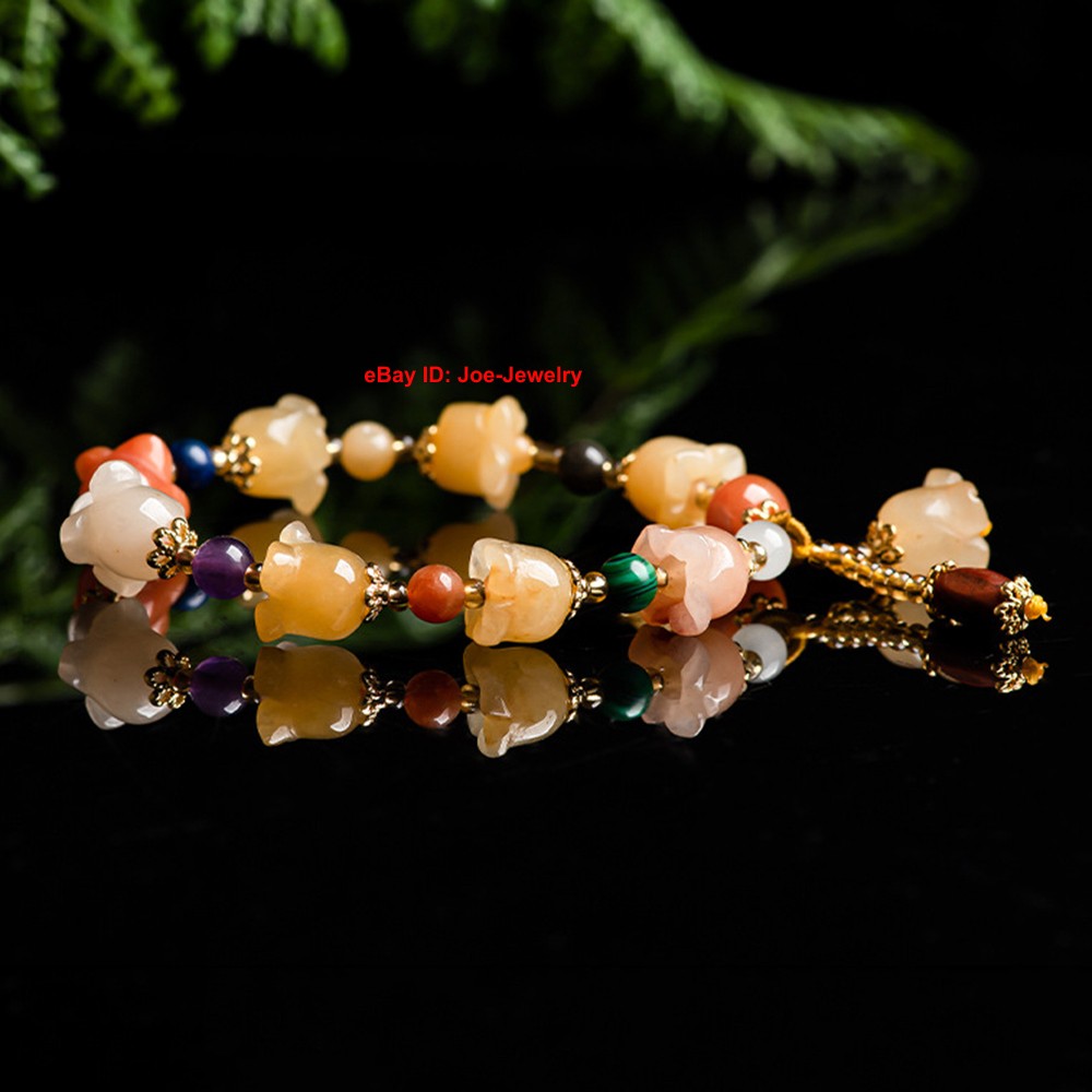 NEW Natural Chinese Jinsi Yu Jade Yellow Orchid Bead Stretch Bracelet 14-16cm