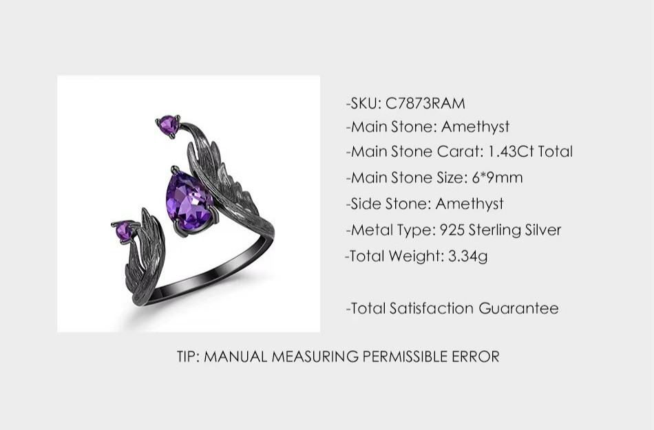 1.43Ct Natural Pear Amethyst Gemstone Handmade Bird Feather 925 Silver Ring