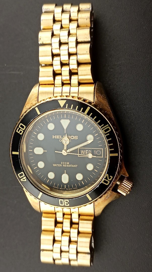 w/Video: Sharp Looking Helbros 36mm Goldtone/Black Bezel Day/Date Dive Watch