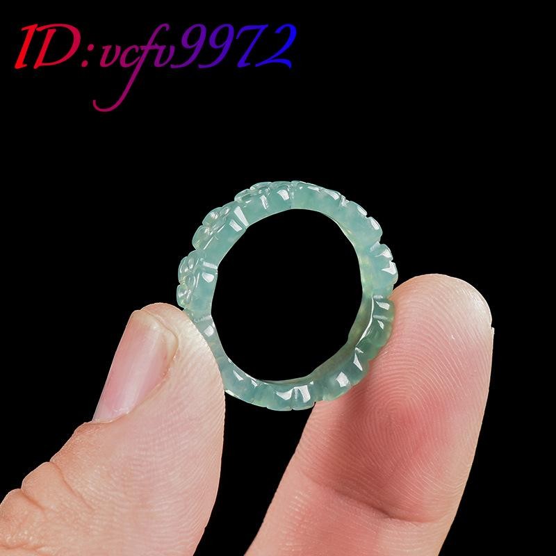 Blue Myanmar Jadeite Flower Ring Emerald Real Burmese Jade Accessories Carved