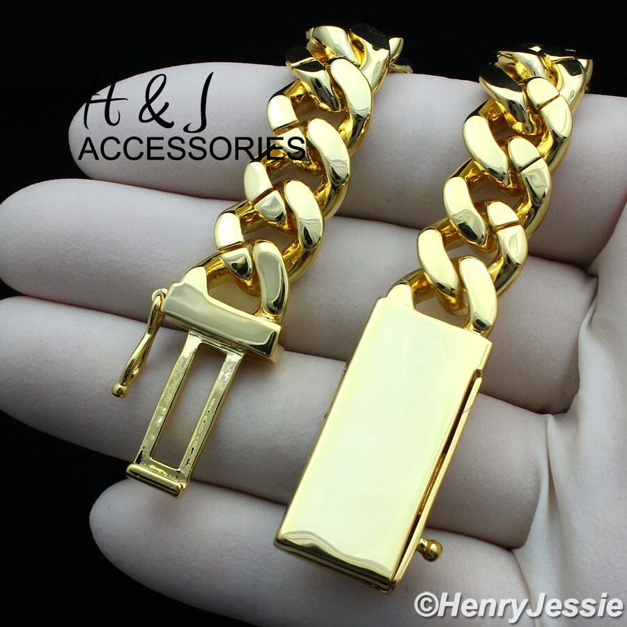 MEN 14K GOLD PLATED 18″-24″X12MM GOLD CZ PRONG SET CURB CHAIN NECKLACE*ABGN5