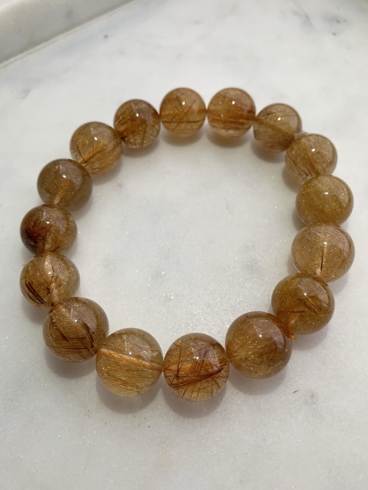13.7mm Natural Golden Rutilated Quartz Bracelet Gold Rutile Crystal Beads