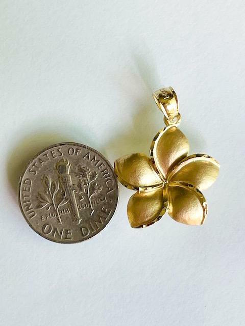 14K Solid Yellow Gold Hawaiian Plumeria Flower Pendant W: 3/4″ (18 mm) E26-18