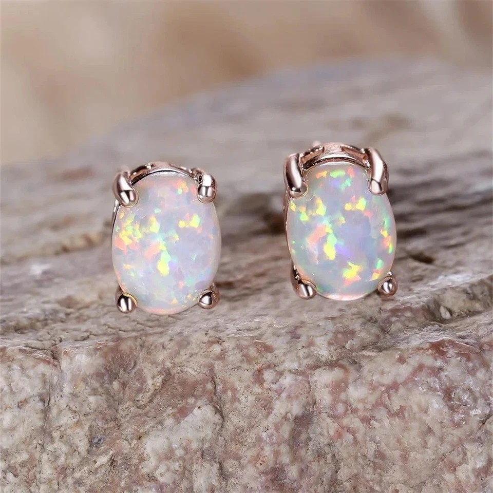 Green Blue White Opal Small Oval Stone Stud Earrings For Women Vintage Rose Gold