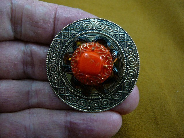 (Z18-15) red gold brown textured flower Czech glass button circle pin brooch
