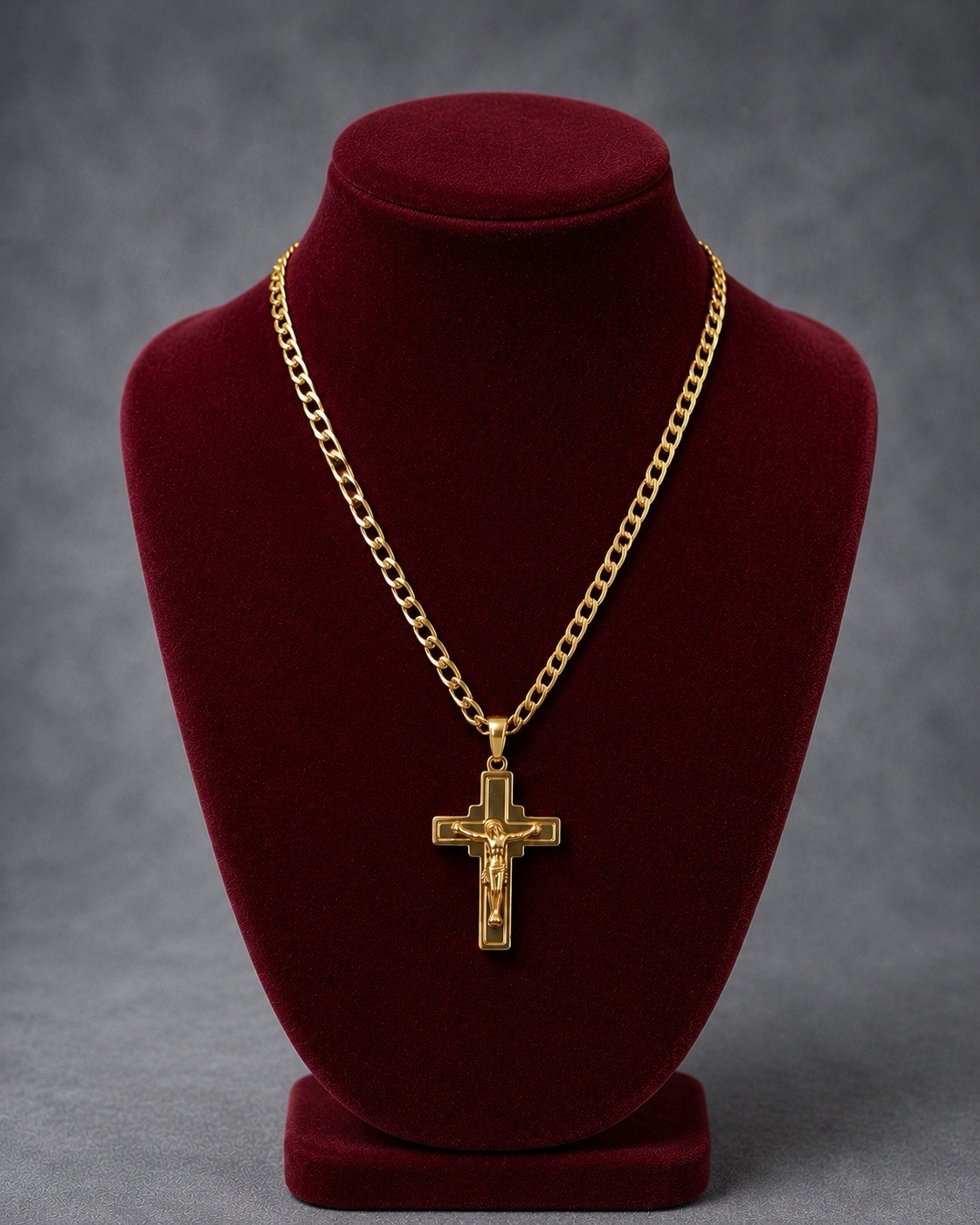 Yellow Gold Plated Cuban Link Chain Cross Charm Pendant Necklace Religious