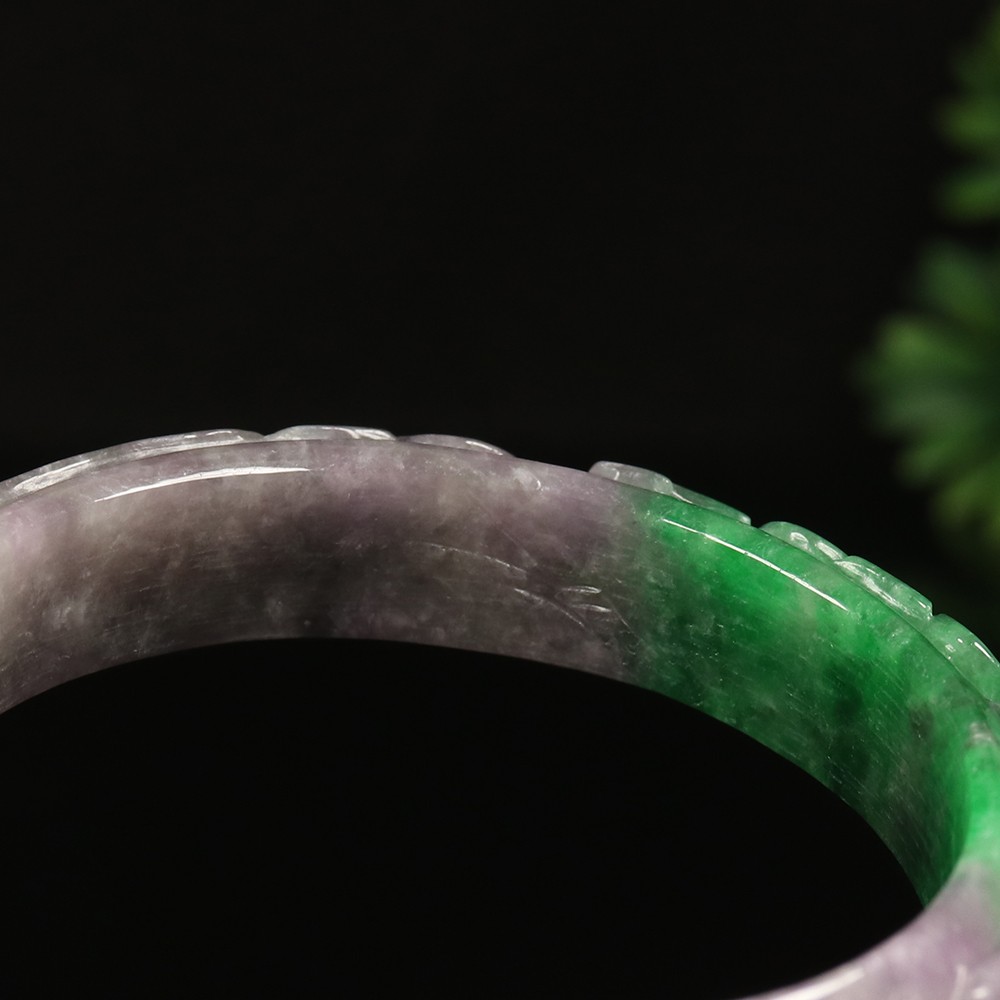 64mm Lavender Purple Green Jadeite Jade Bangle Bracelet Bat Ruyi Fish A-14801