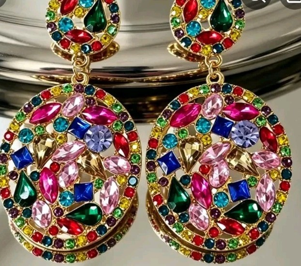 Round Cluster Earrings, Multicolor Faux Stones Of Crystals, Rinestones Gems