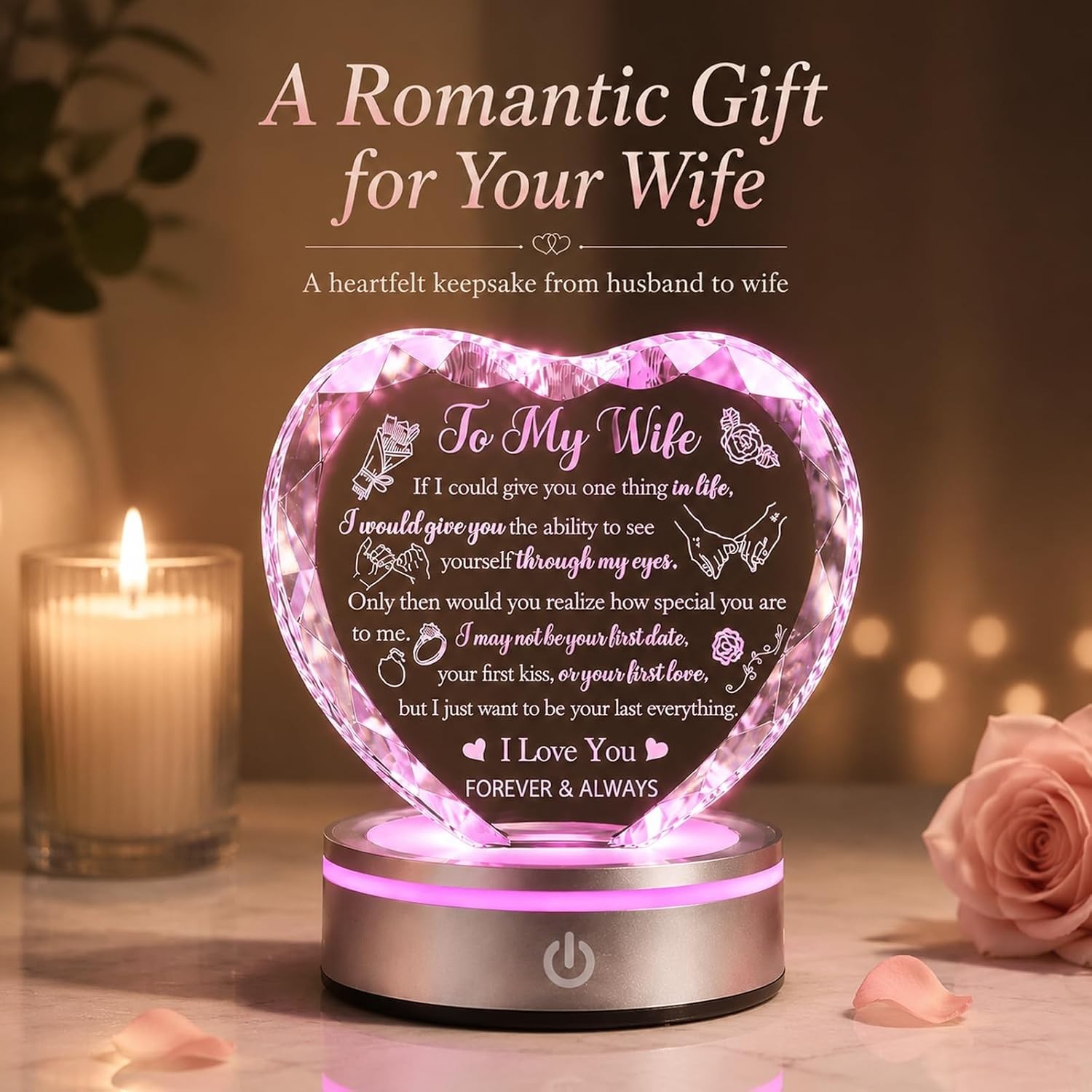 Romantic K9 Crystal Heart Gift for Wife with LED Base Anniversary Birthday