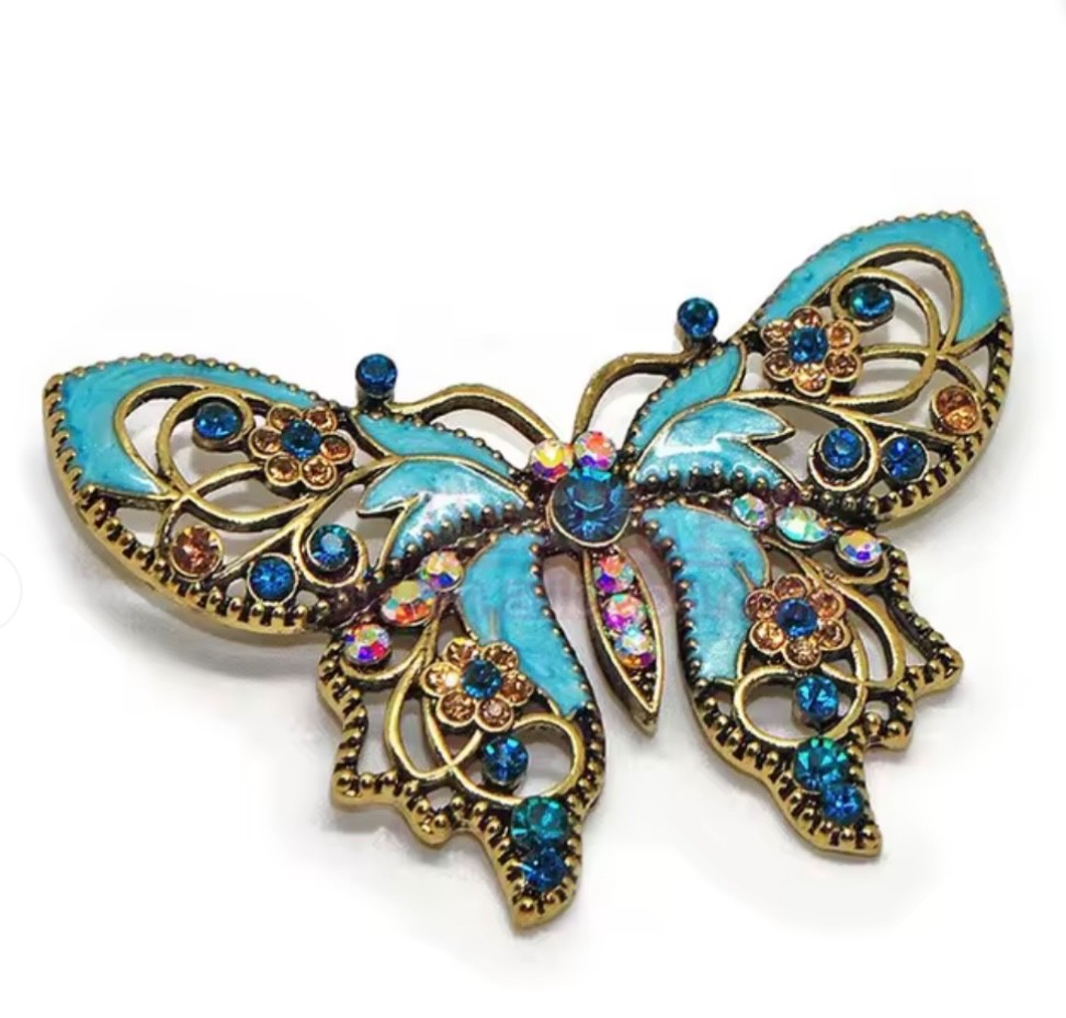 Aqua Blue Butterfly Rhinestone Brooch Box included