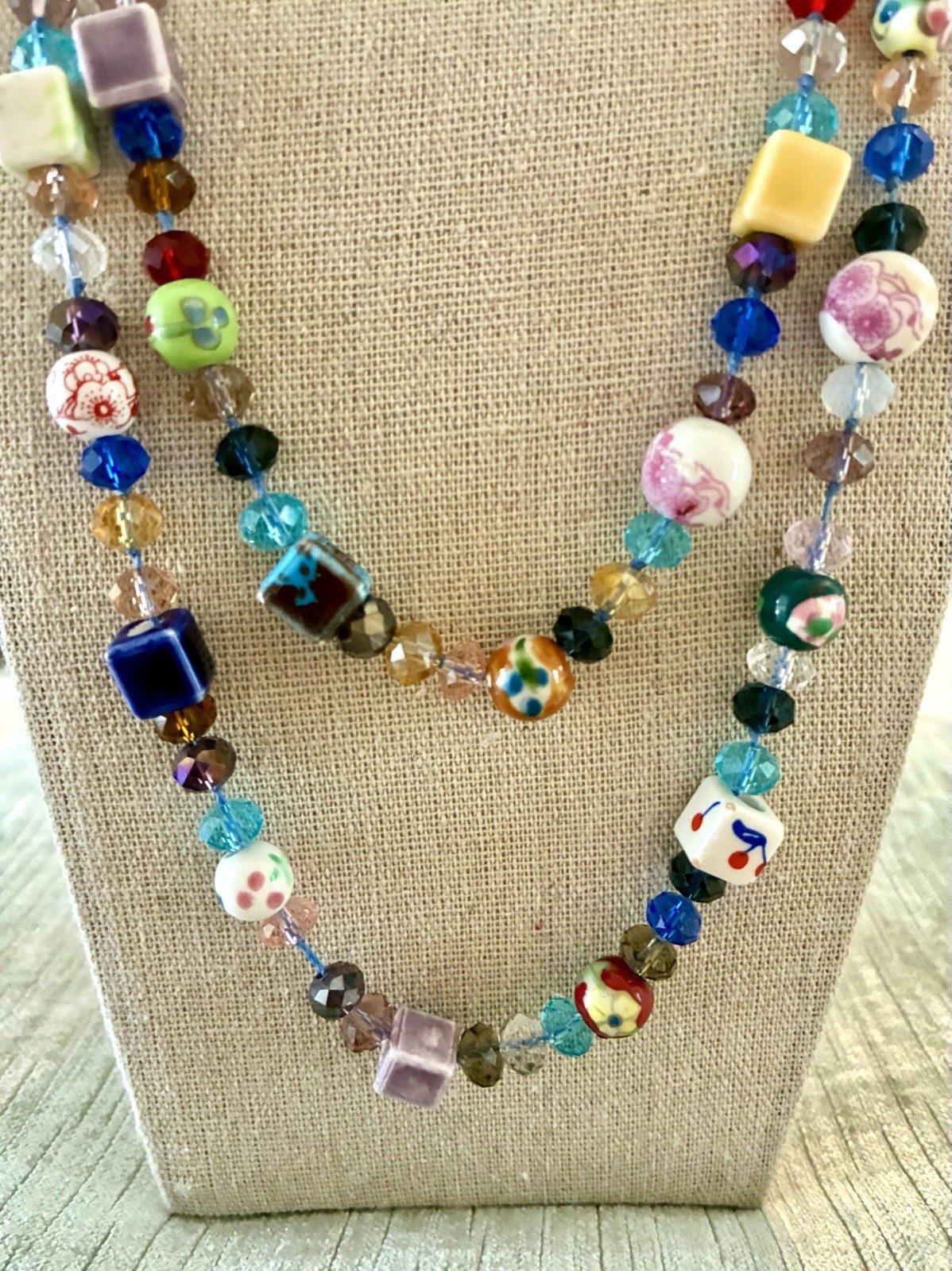Necklace Colorful Mixed Media~Glass Beads,HandPainted Ceramic Sq/Rnd Beads 22”
