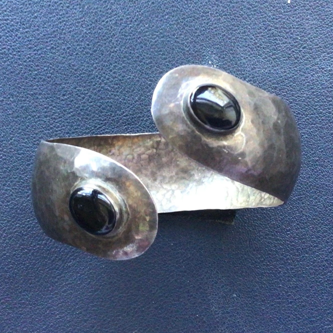 Hammered Sterling Silver Domed Cuff Bracelet | 7.25″ Jewelry w/ Obsidian Stones