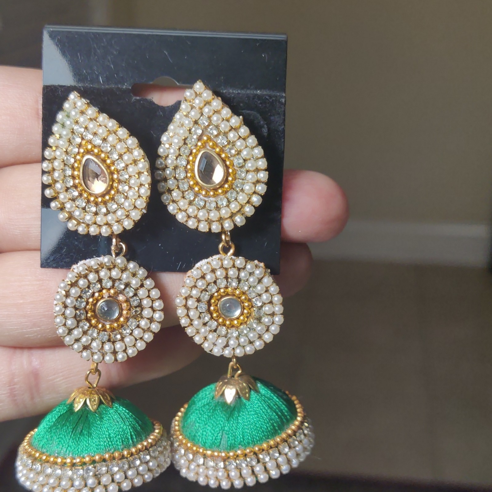 Gold Tone Green Dangle/Drop Earrings, Simulated White Pearl Crystal, Post