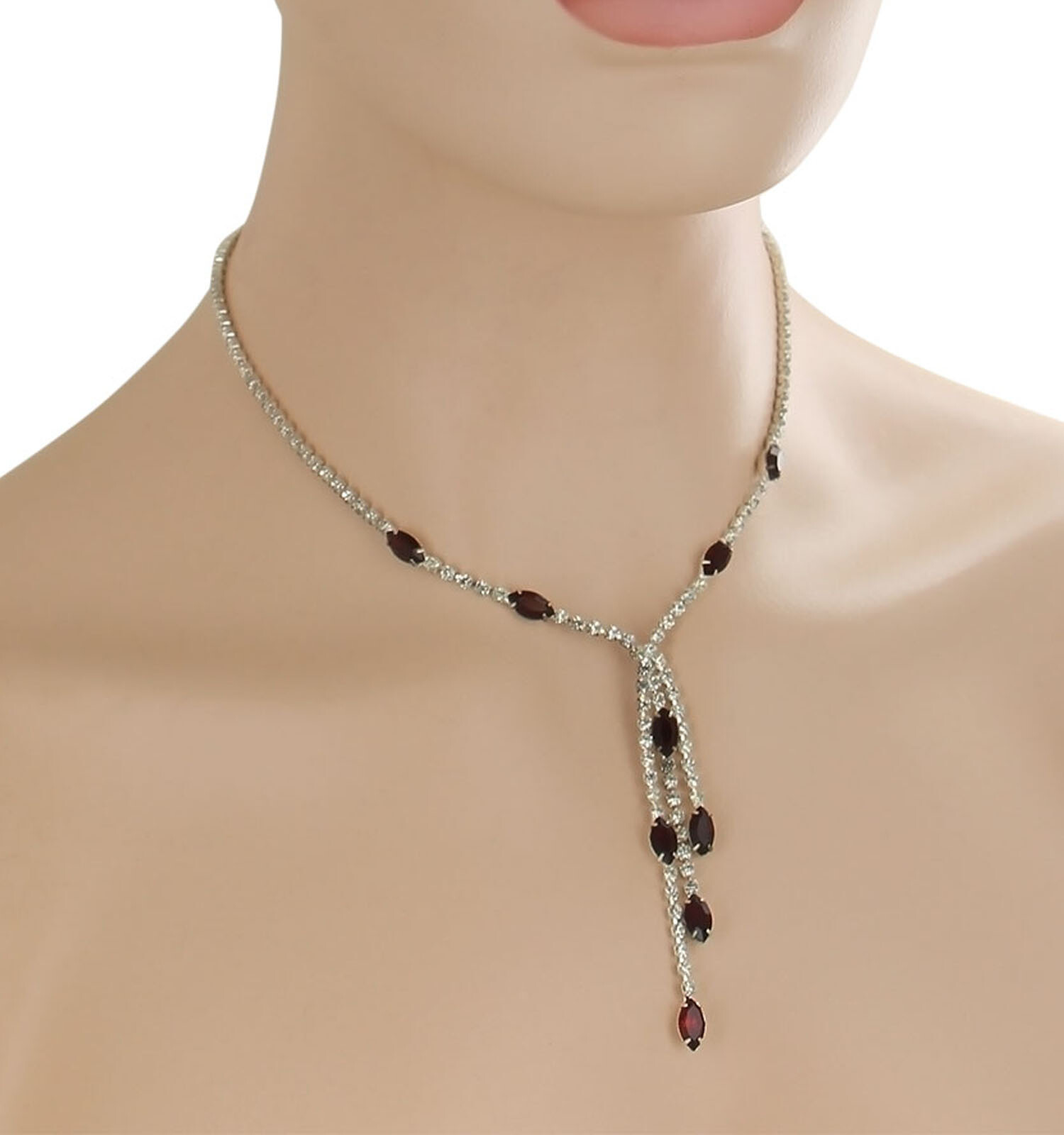Vintage Red Rhinestone Drop Dangle Necklace T-Drop Tassel 17 1/2″