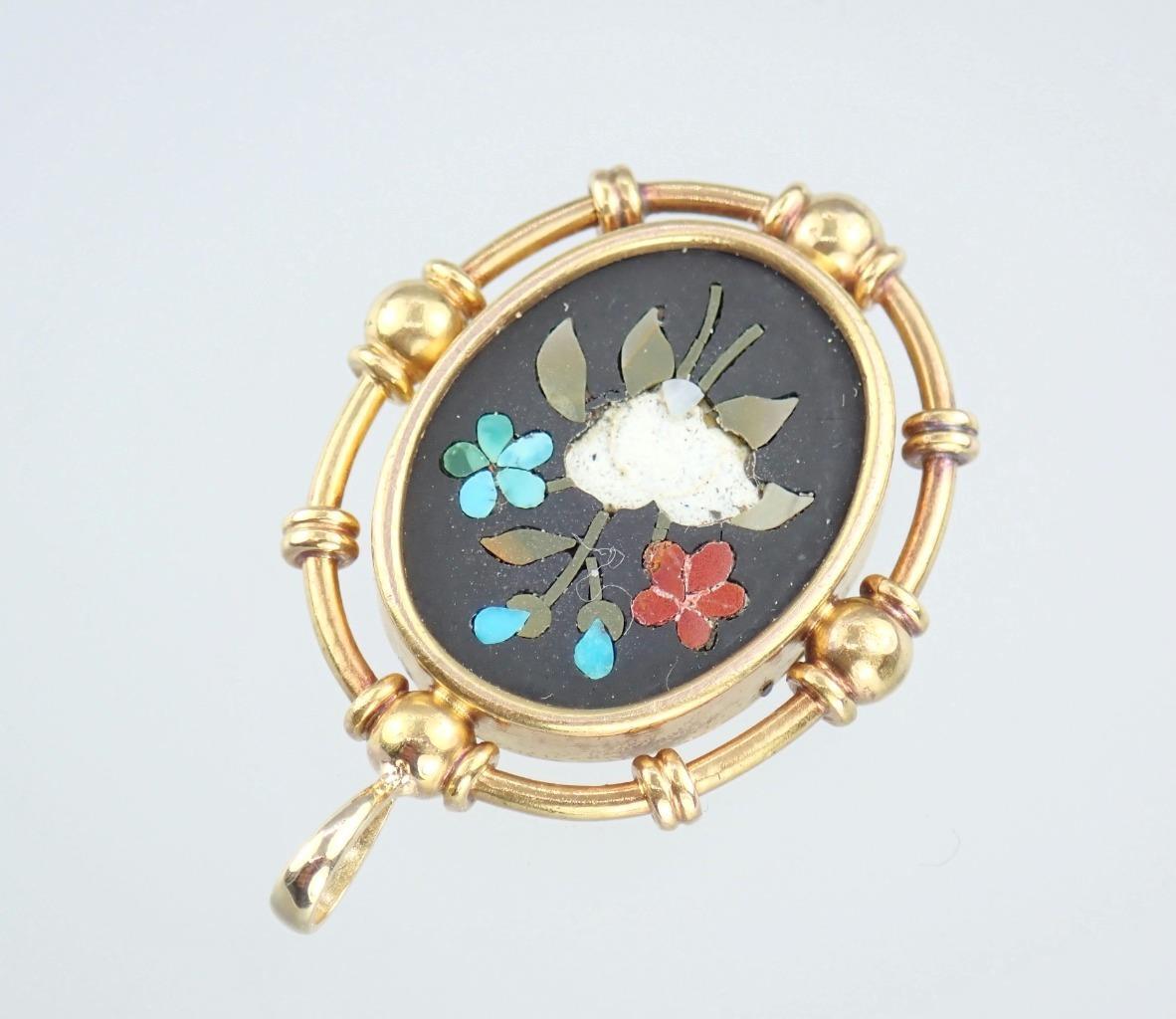 Fine Antique VICTORIAN Solid 18k Gold PIETRA DURA Mosaic Floral MOURNING PENDANT