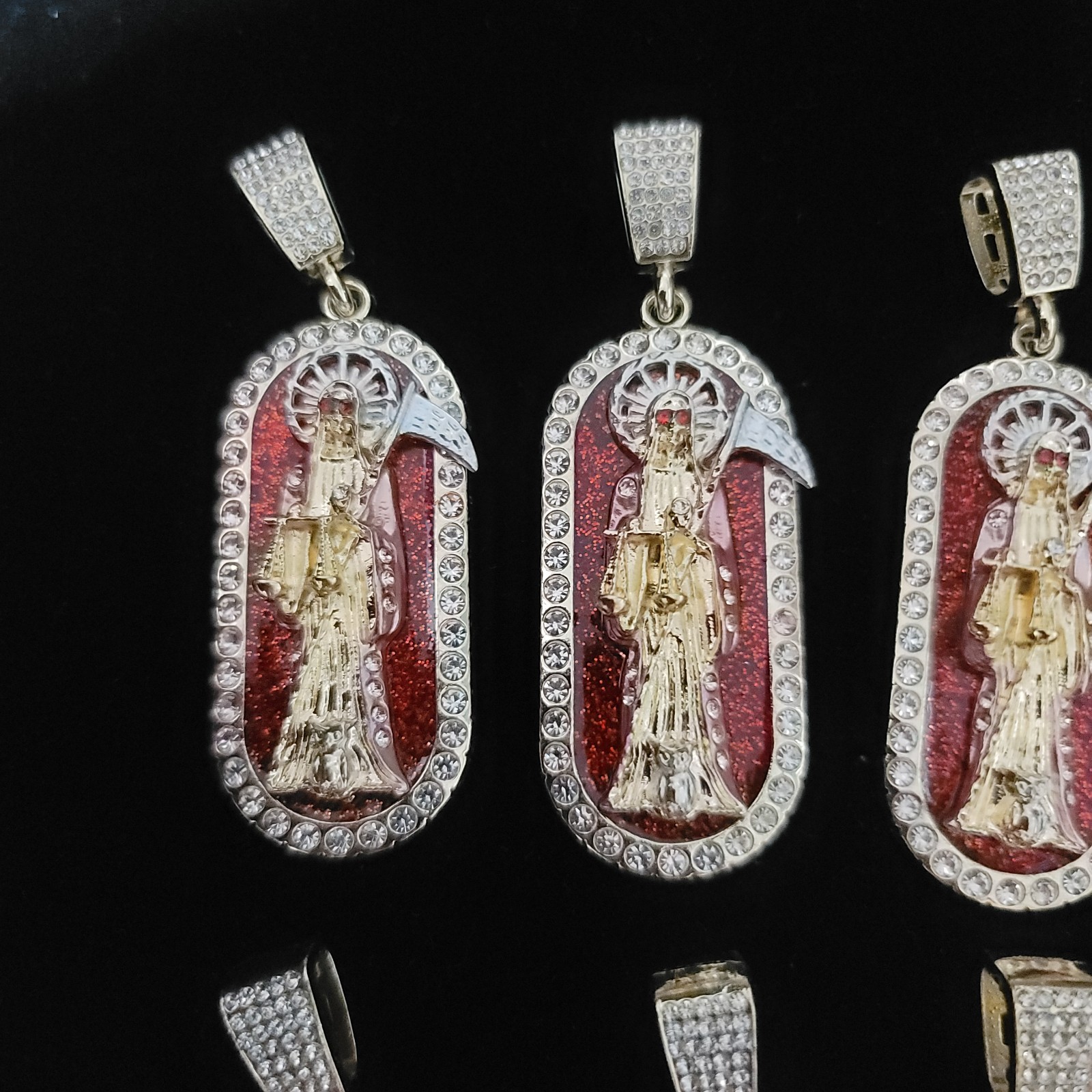 Gold Saint Death Pendant – Red Background With Rhinstones Bundle Of 8