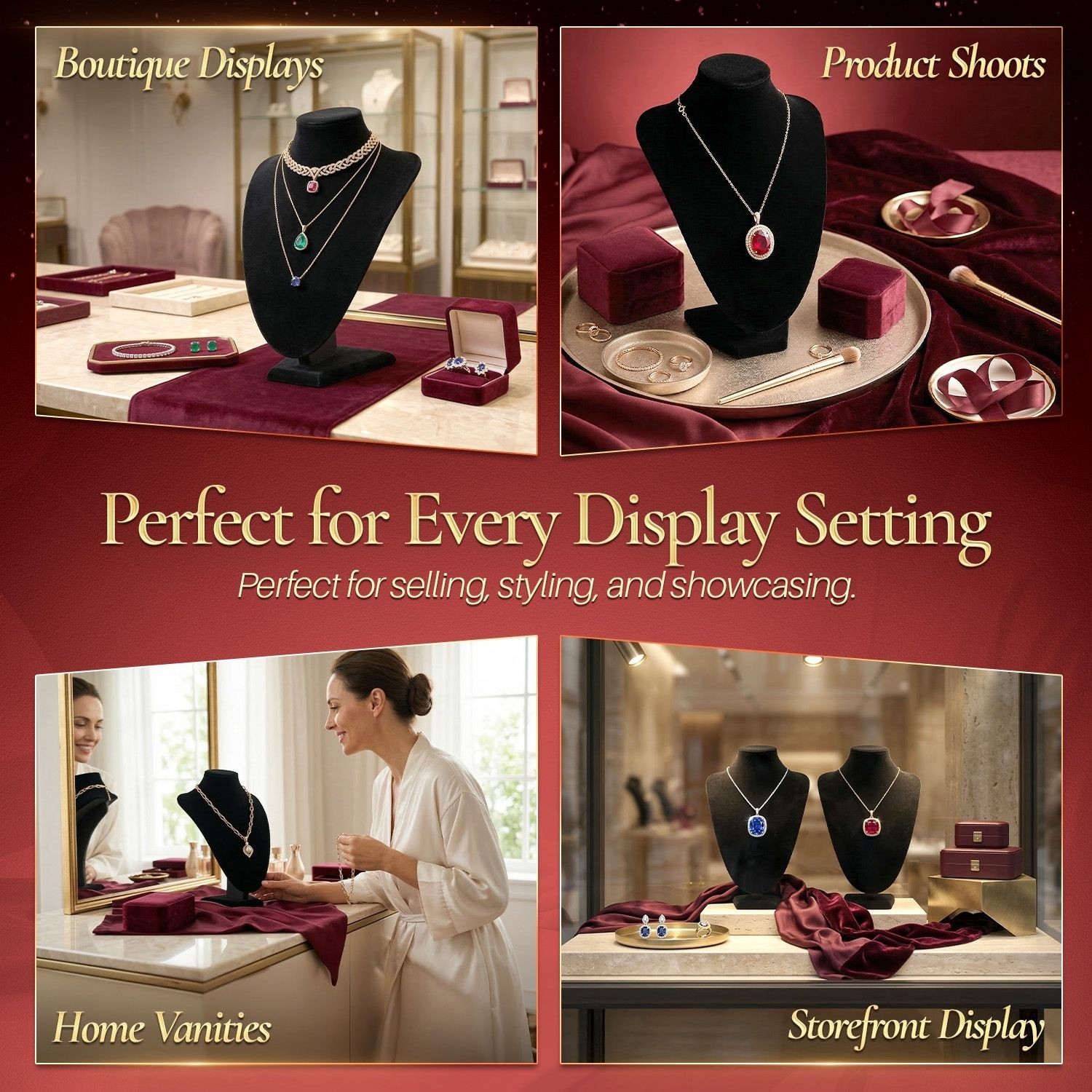 Necklace Bust Display Mannequin Stand (6 Pack) – 10 Inch 3D Black Velvet