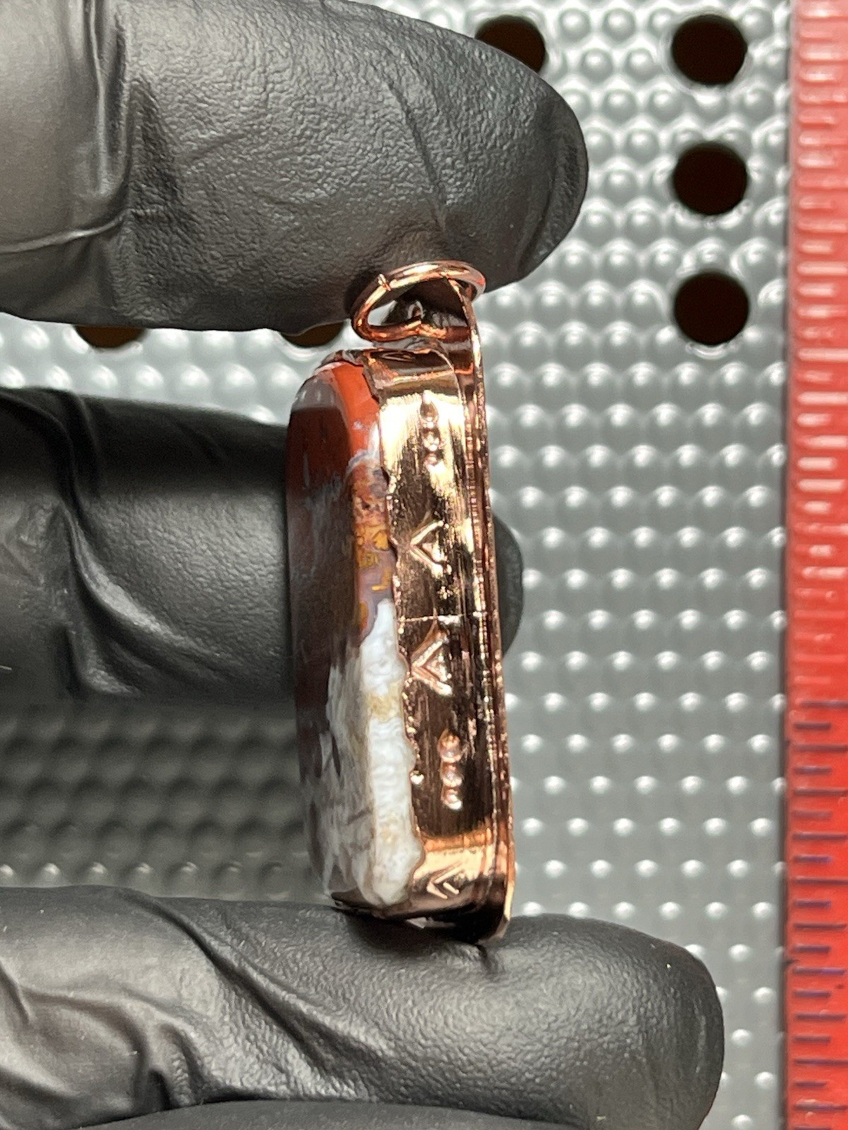 Red And White Moroccan Agate Hand Formed In Copper. Pendant Number 159