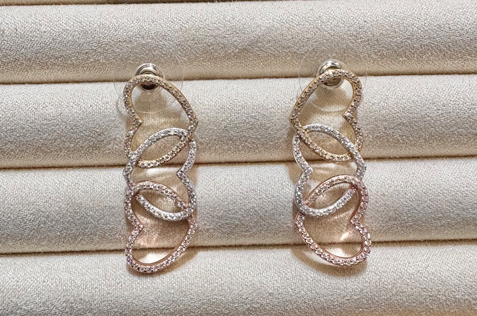 Moissanite 3 Row Heart Earrings in YG, RG and Platinum Over Sterling – 1.90 ctw.