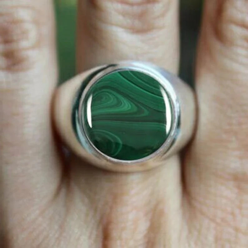Solid 925 Sterling Silver Natural Green Malachite Cab Gemstone Men’s Unisex Ring