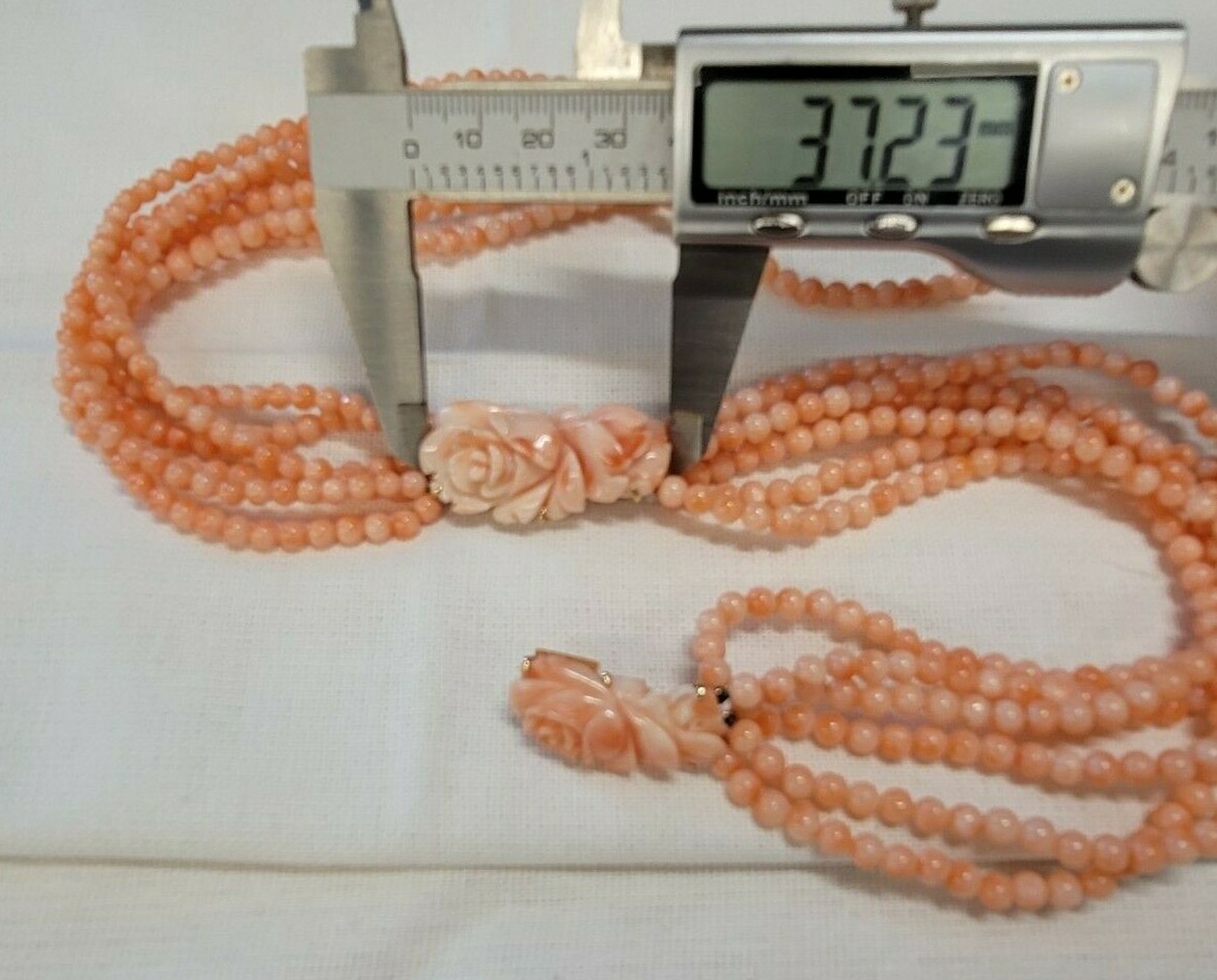 Pink Coral Round Floral Rose 6 Strand Beaded 14K Gold Necklace 114g Angel Skin