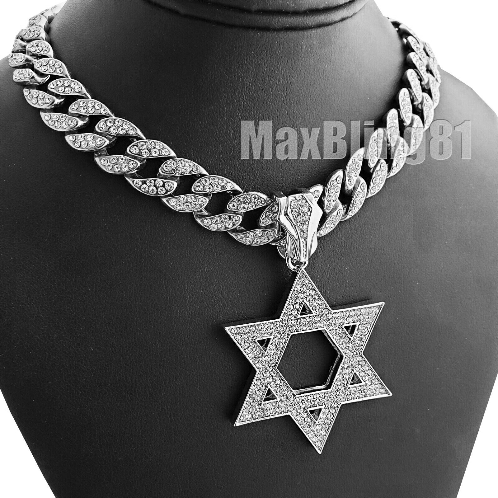 Silver Plated Alloy Cubic Zirconia Star of David Charm Iced Cuban Chain Necklace