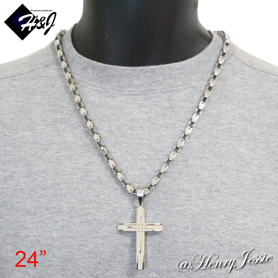 18-40″MEN’s Stainless Steel 5mm Silver Box Bike Chain Necklace Cross Pendant*A