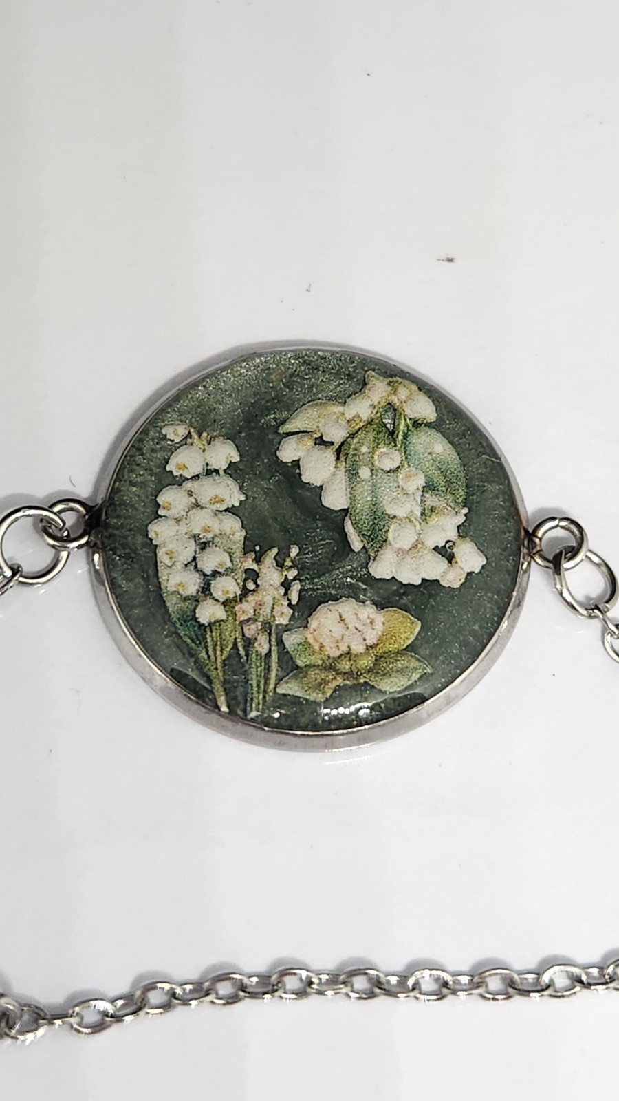 Handmade Resin Bracelet – Stainless Steel – 8″ Adjustable – Green Floral