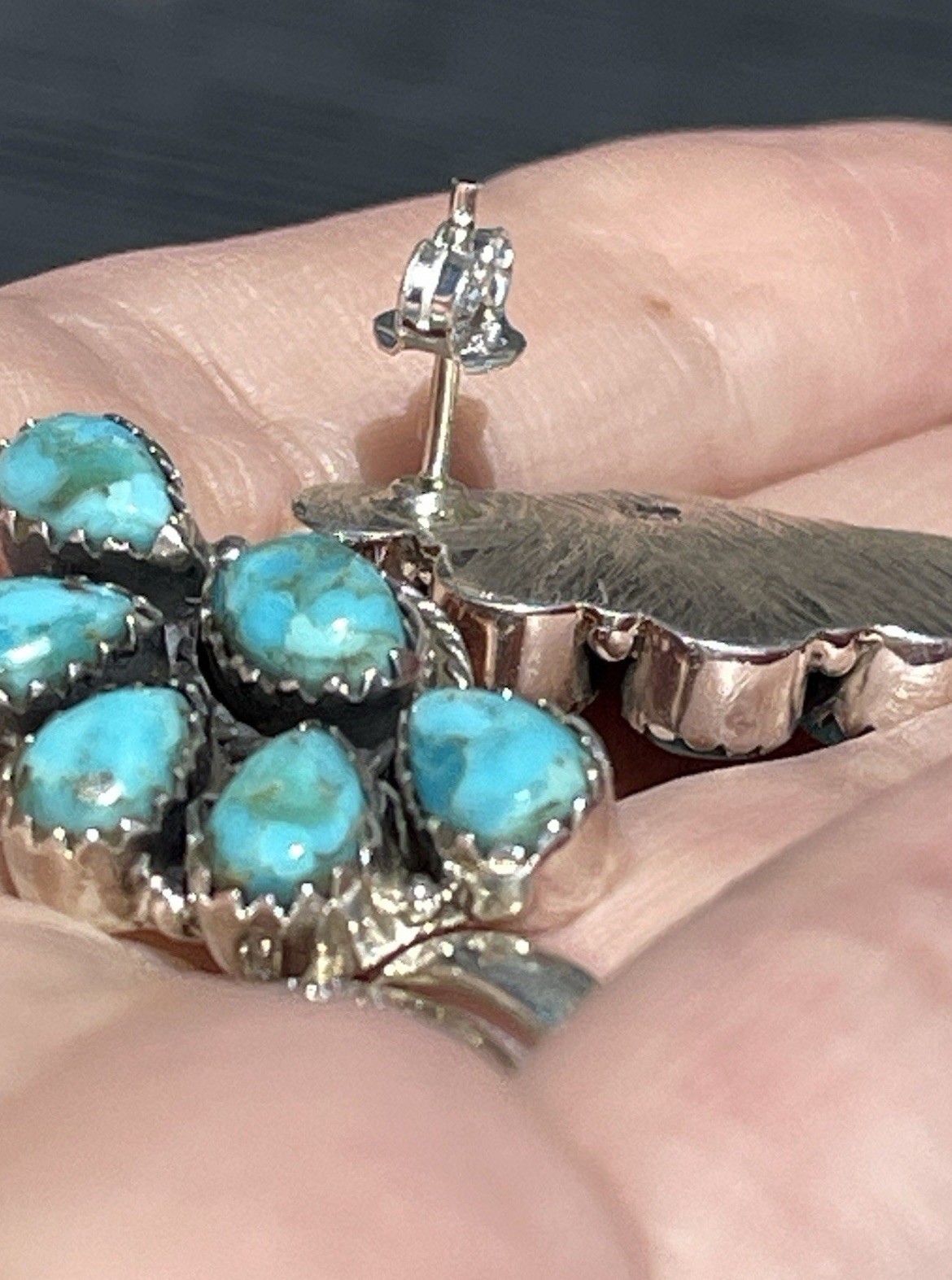 Native American Style Sterling Silver Turquoise Half Cluster Earrings Southwest