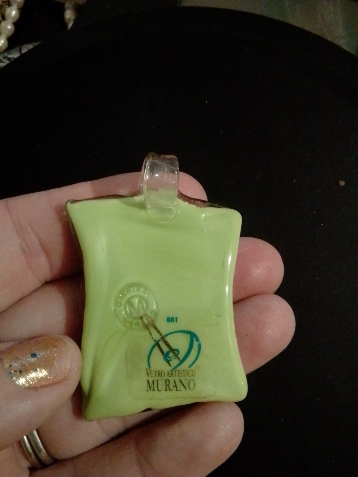 Vtg Vetro Artistico Murano Marked Rectangle Italian Glass Pendant Green Gold Blk