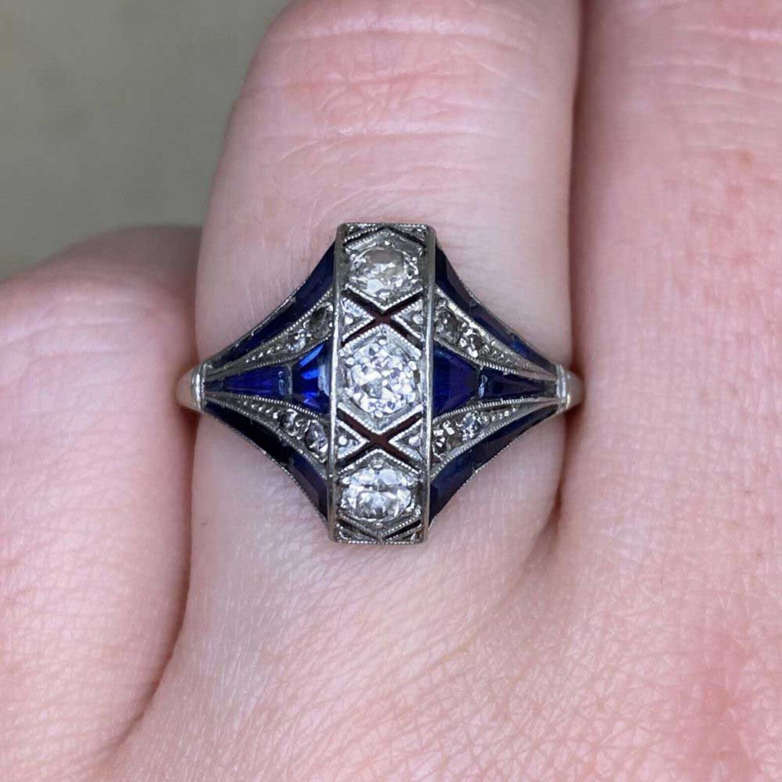 14K White Gold FN Art Deco Style Lab Created Diamond & Sapphire Engagement Ring