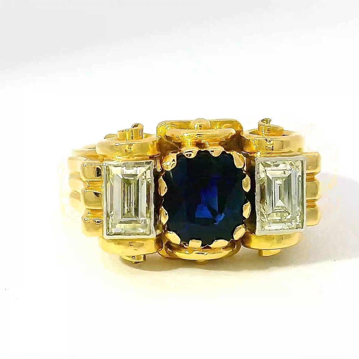Handmade 18ct Yellow Gold Ring with Blue Sapphire & Diamond Baguettes