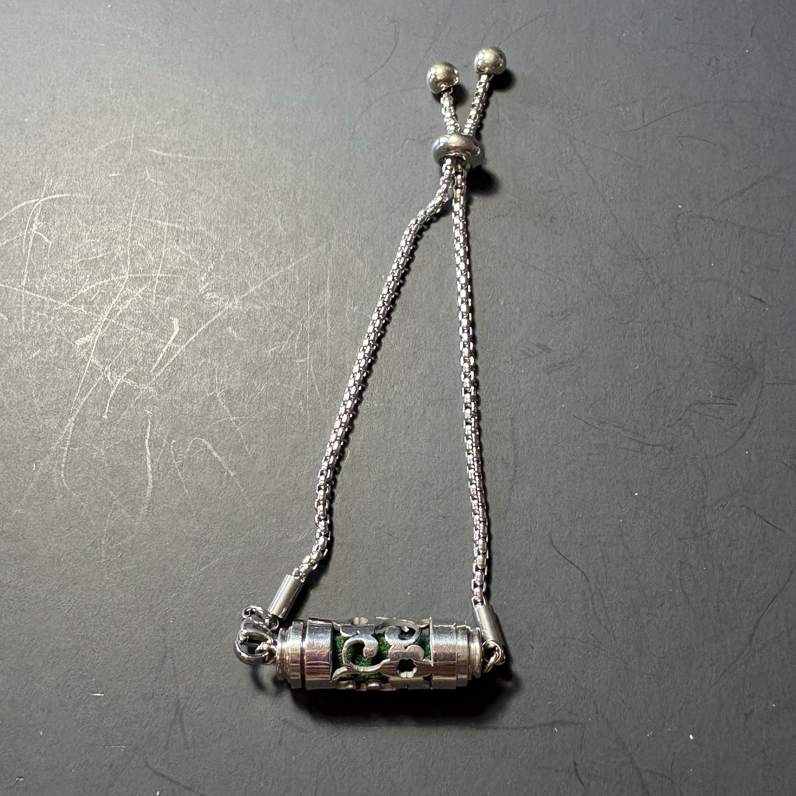 Silver Tone Adjustable Slider Bracelet Cutout Cylinder Green Stone Accent Boho