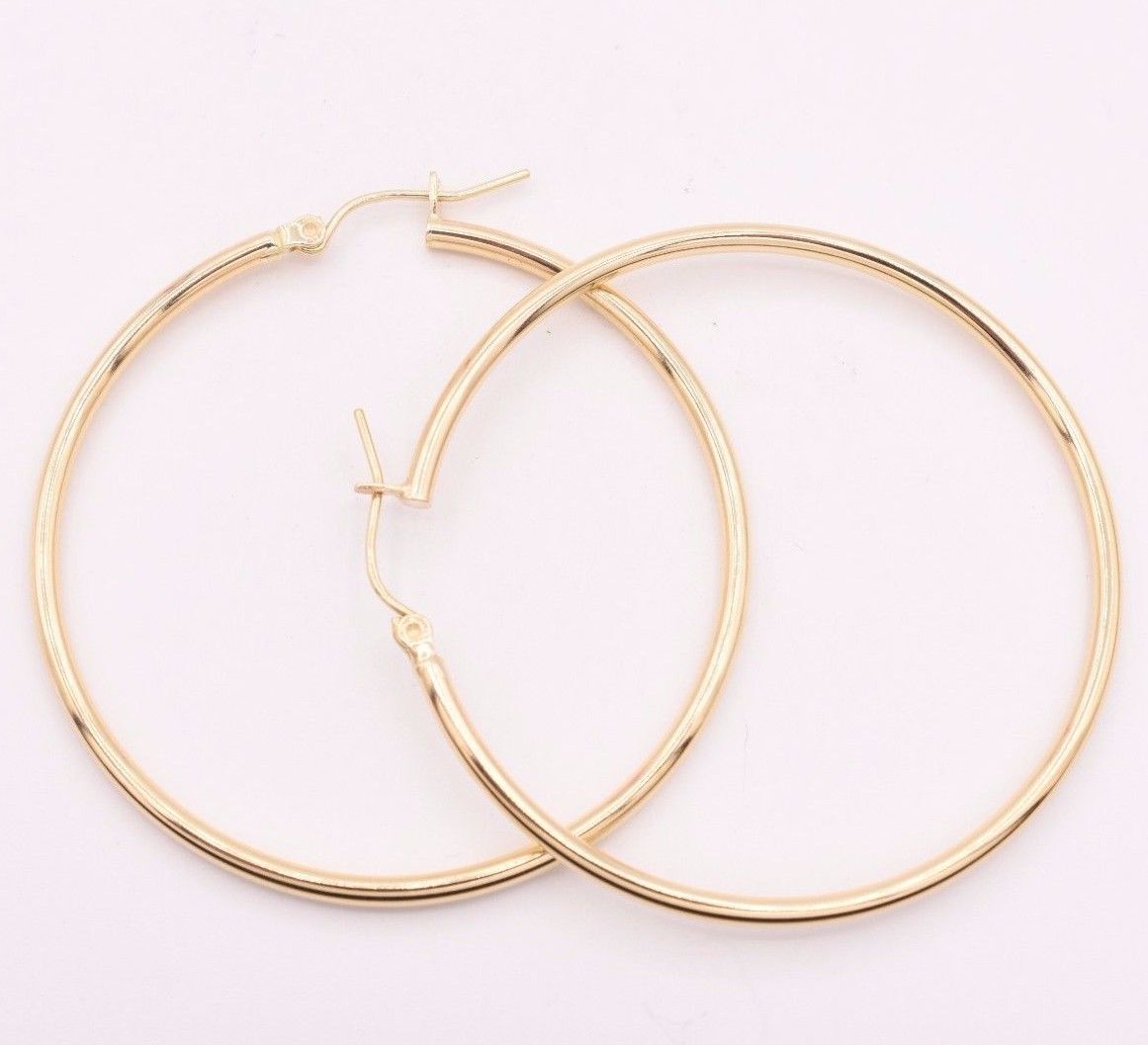 1 3/4″ 2mm X 45mm Large Shiny Plain Hoop Earrings REAL 10K Yellow Gold 2.6grams