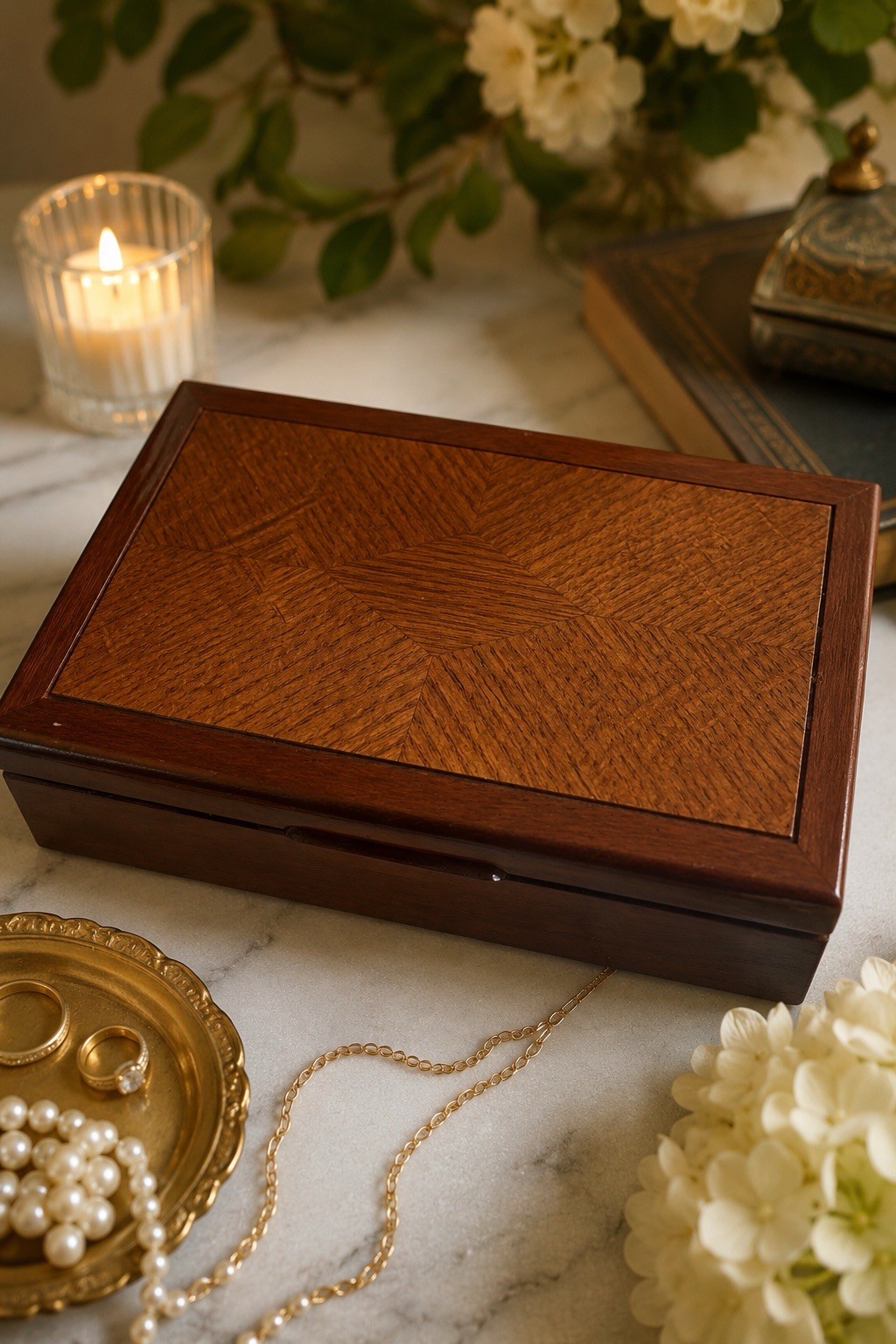 Vintage Victorian Wooden Jewelry Box Parquet Inlay Valet Stash Keepsake Trinket