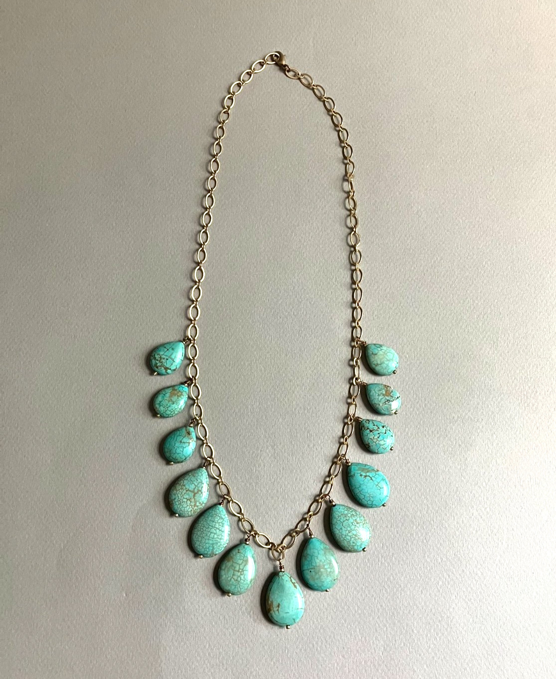 Handmade Blue Green MAGNESITE and MATTE Gold Plated Statement Necklace 24 in