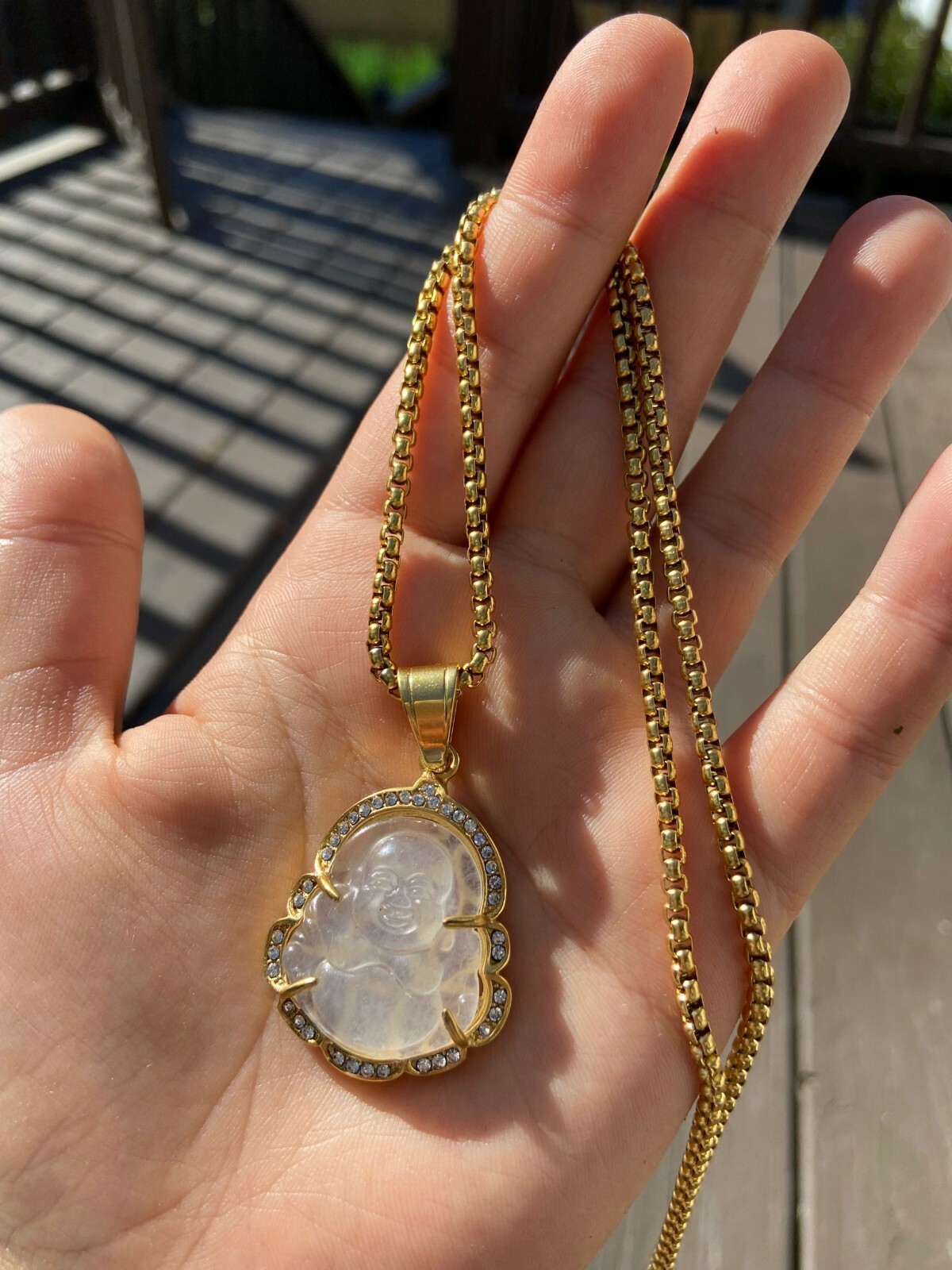Jade Buddha Pendant Necklace W/ 18K Gold Plated Crystal Charm Hip Hop Chain