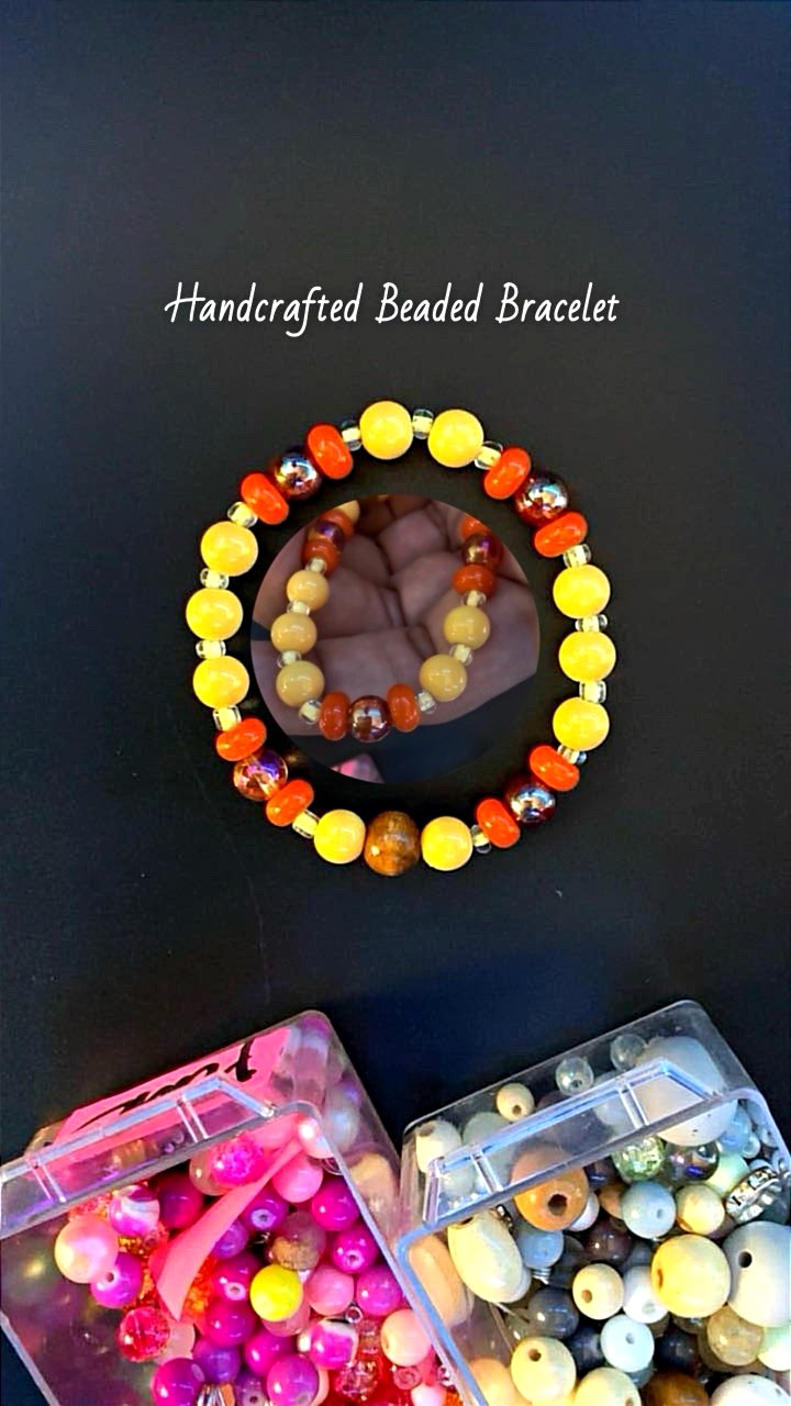 Handmade Yellow/Orange/Brown Glass & Plastic Beaded Bracelet #093
