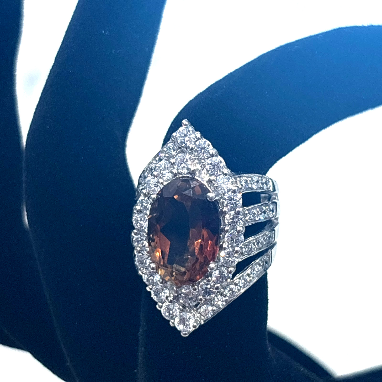 Sterling Silver Ring Statement Cocktail Brown Orange Stone CZ Split Shank 6.5